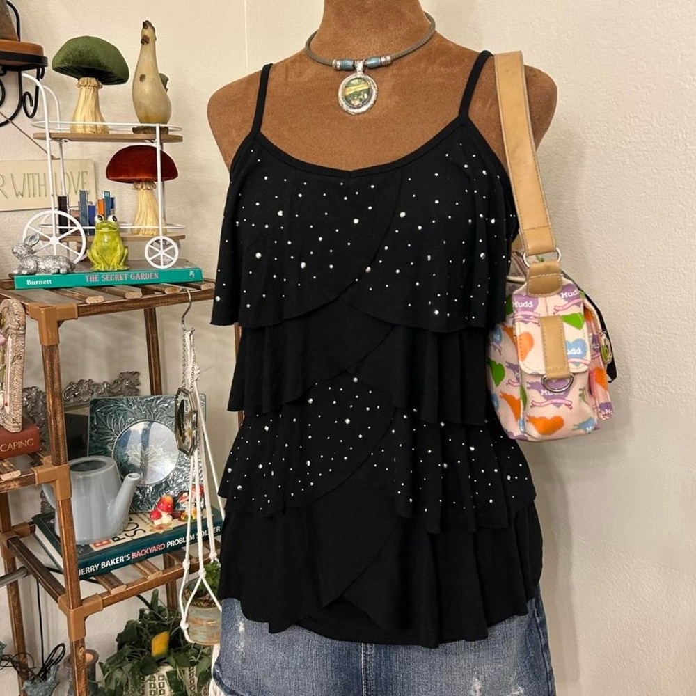 Y2K Deadstock Black Ruffle Tank Top w Silver Rhinestone Details by Almost Famous